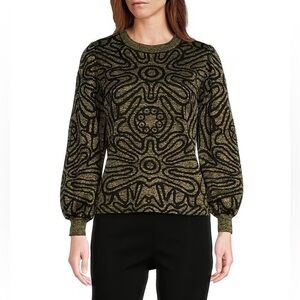 Ming Wang Artsy Luxe Metallic Swirl Abstract Printed Long Balloon Sleeve Top L